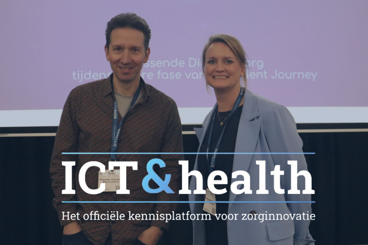 Zwei Personen stehen vor einer Präsentationsfläche mit violettem Hintergrund; im Vordergrund steht der Text ICT & health und die offizielle Wissensplattform für Gesundheitsinnovation.