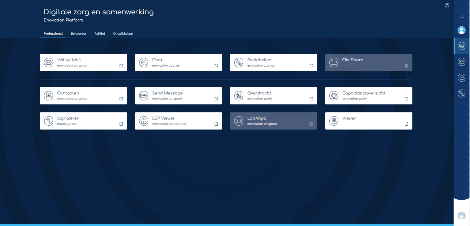 Scherm van Enovation Platform Toegangsportaal tabblad Professional.
