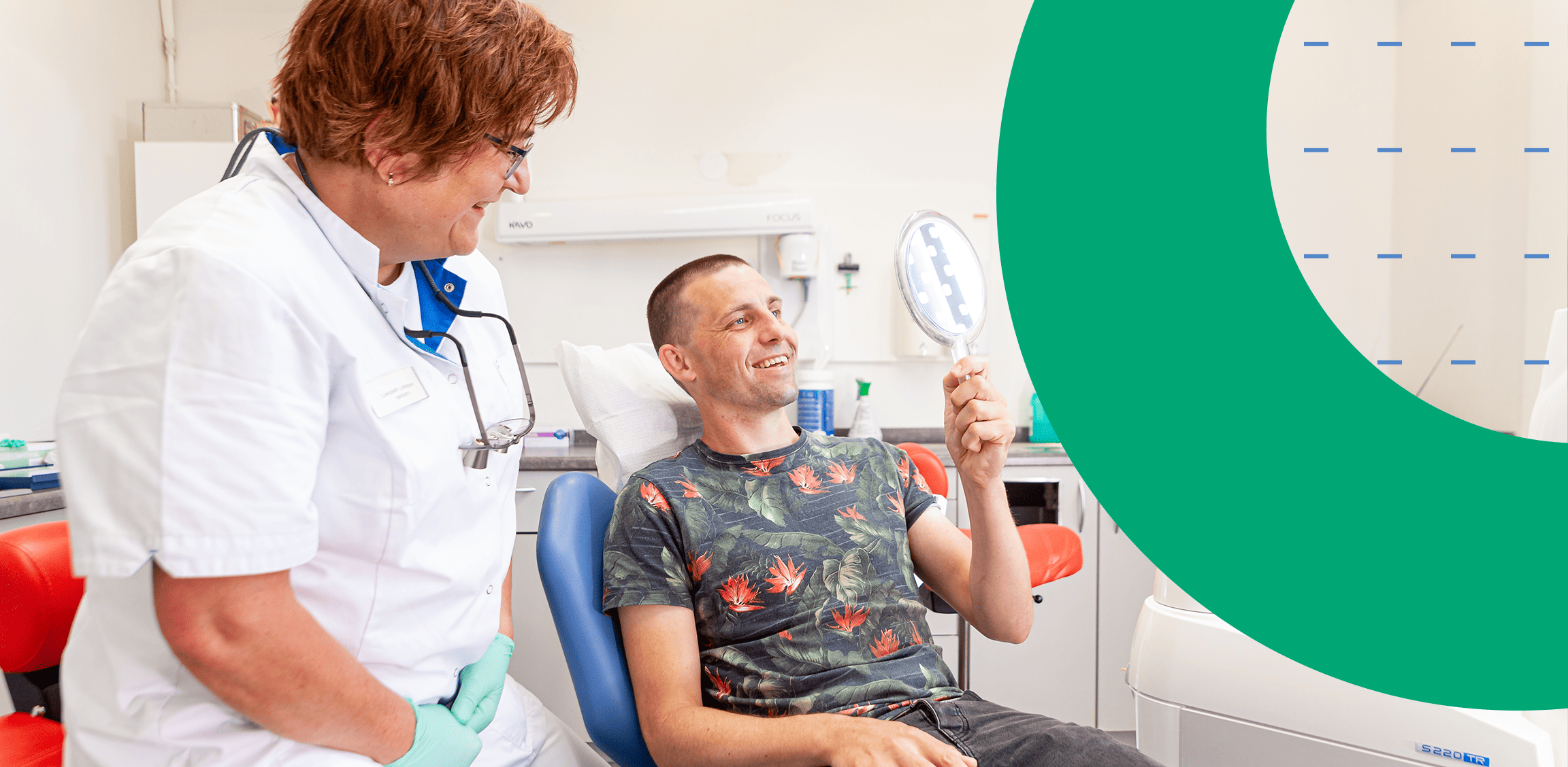 Man in a dentist chair holding a mirror, with a woman sitting besides him wearing a white blouse.